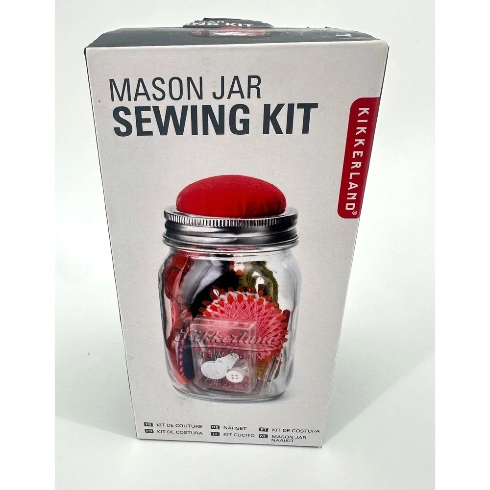 NEW Kikkerland Mason Jar Sewing Kit Red Pin Cushion Lid Glass Jar with Supplies